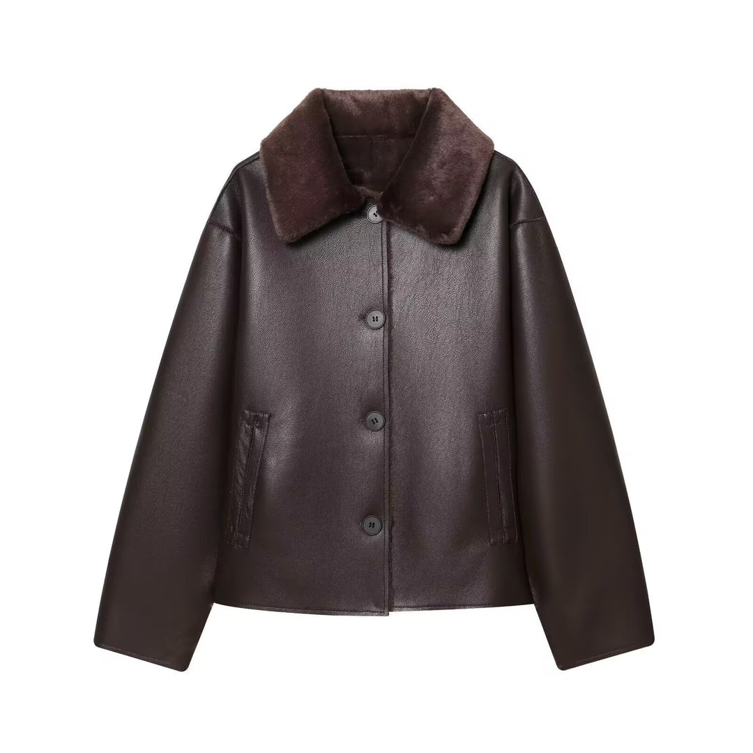 Damen Kurzjacke im Aviator-Style aus Kunstleder mit breitem Fellkragen Nord Taschen