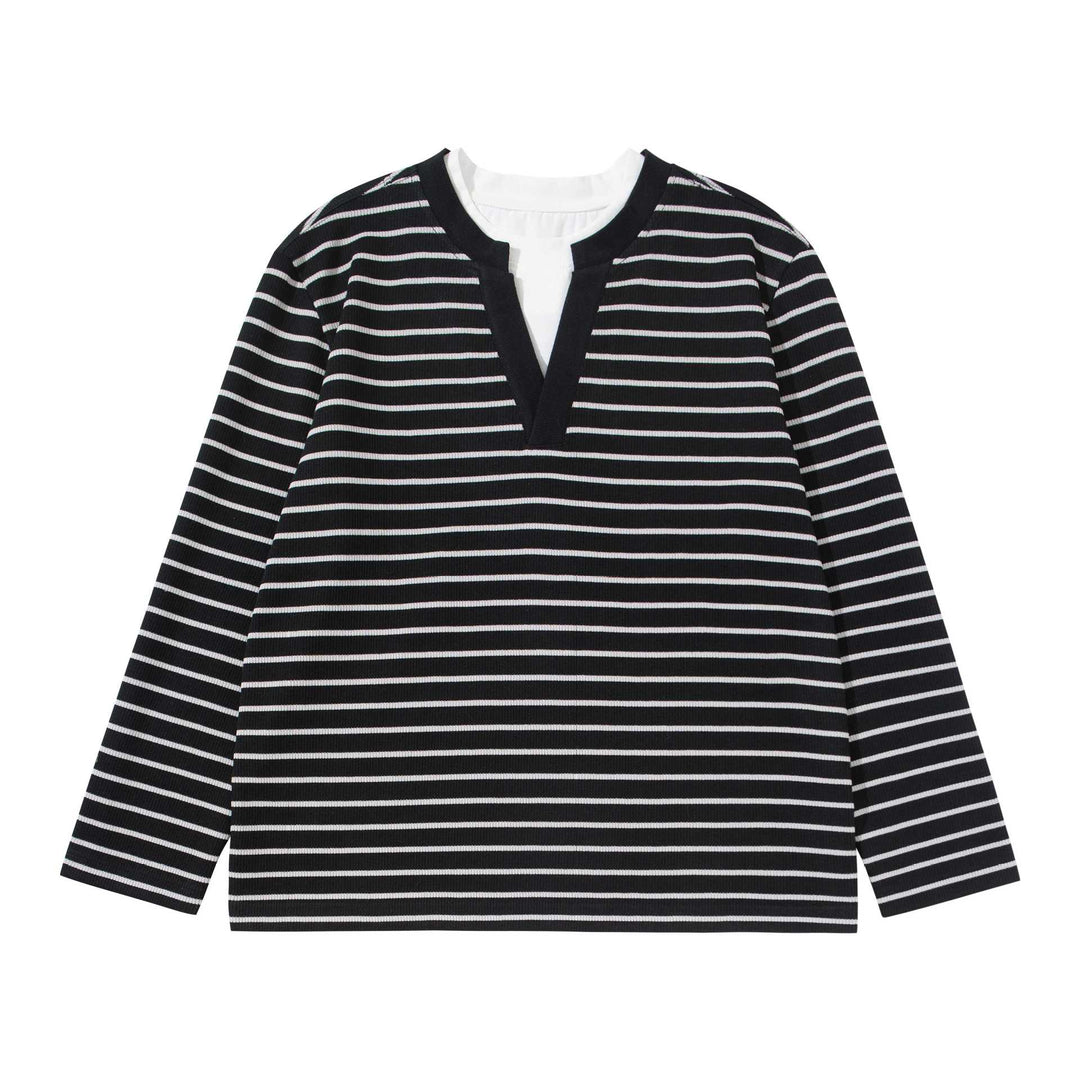 Damen Gestreiftes Strickshirt mit V-Ausschnitt und Lagenlook Nord Taschen
