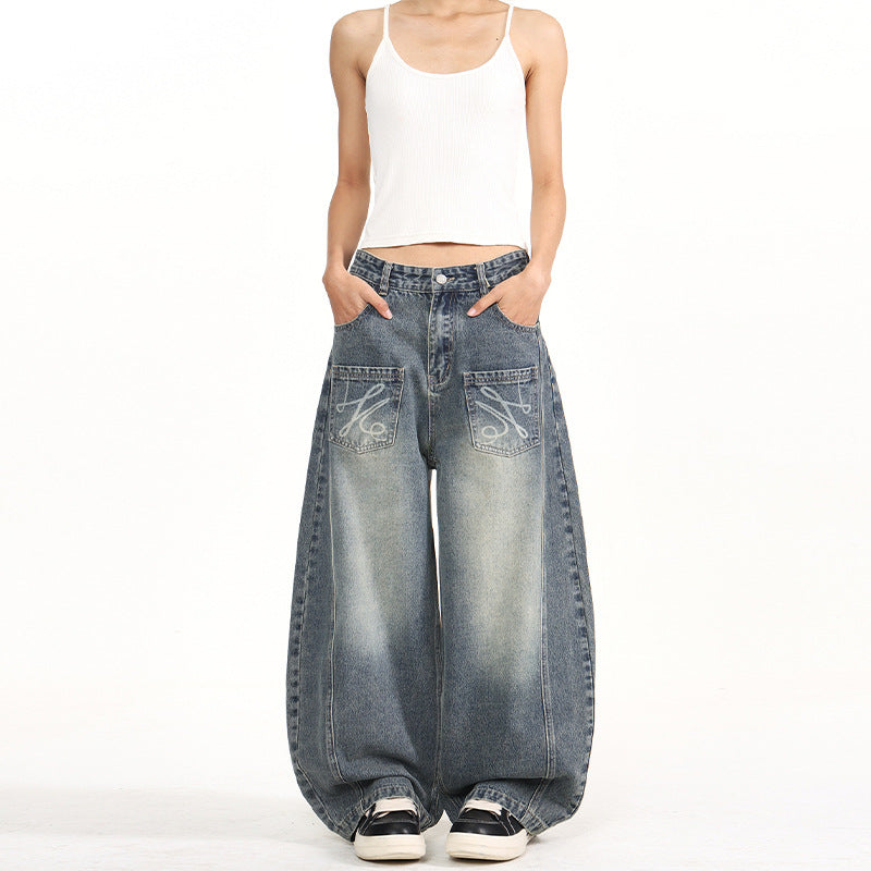 Damen Extremeweite Balloon-Jeans im Palazzoschnitt mit aufgesetzten Taschen Nord Taschen