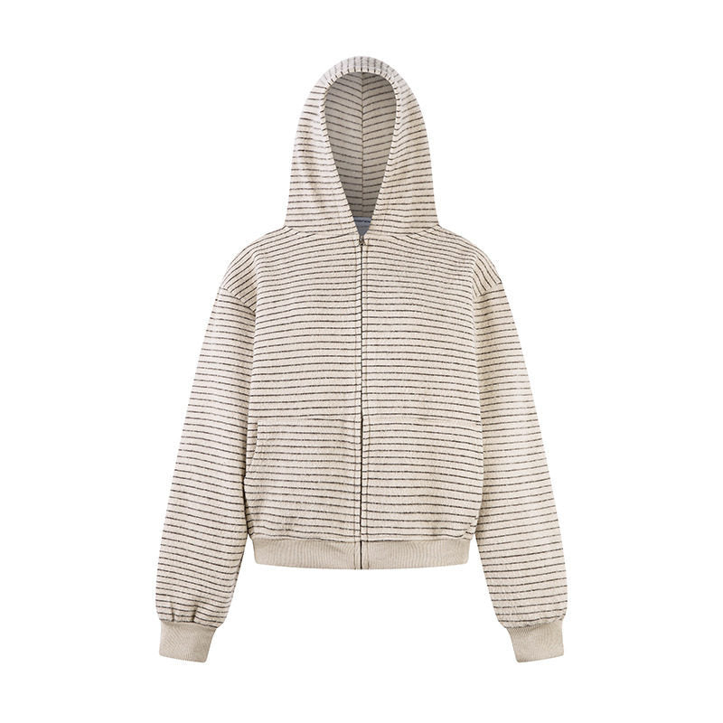 Damen Kurz geschnittene Kapuzen‑Zipjacke mit horizontalem Streifenrelief und elastischem Bund Nord Taschen