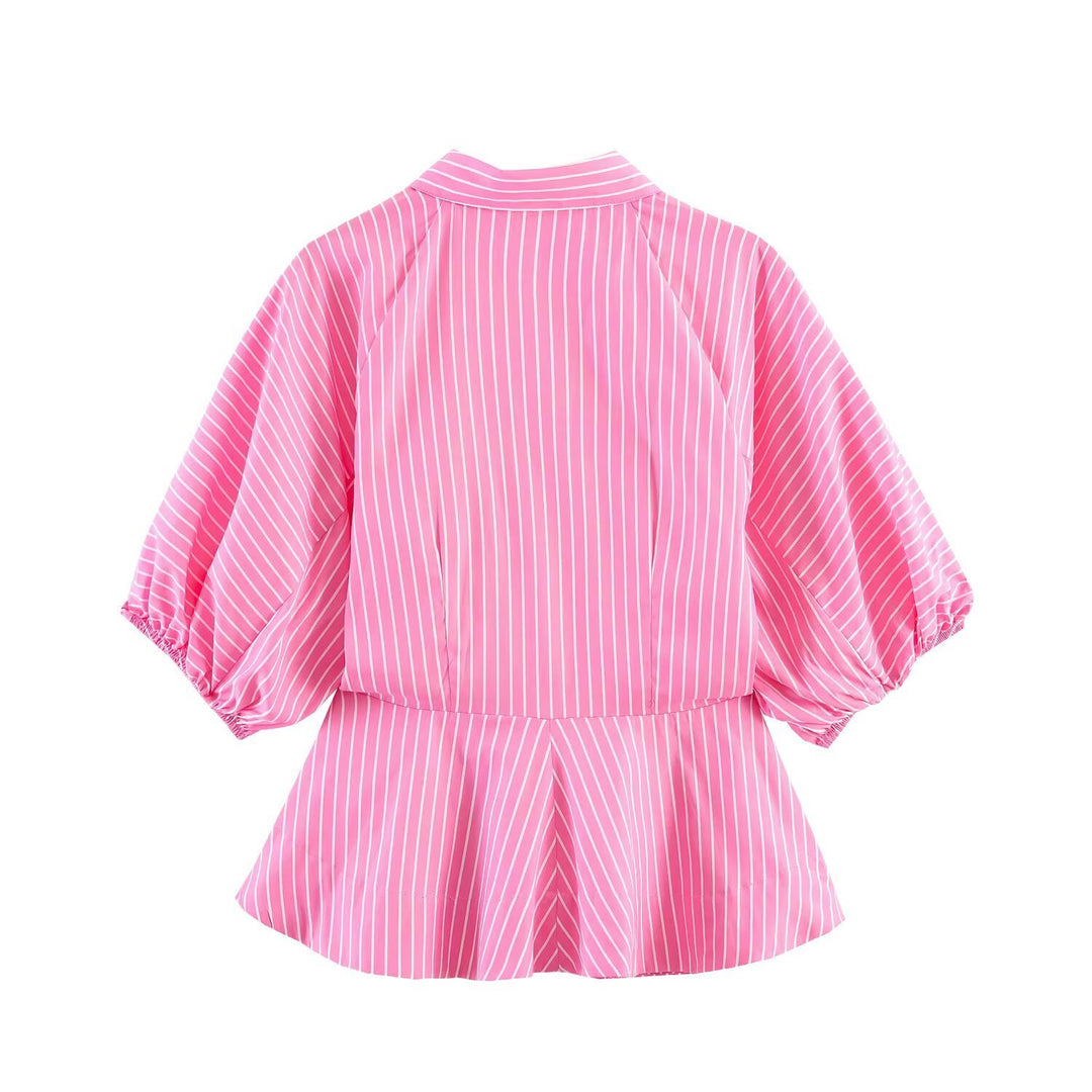 Damen Gestreifte Peplum-Bluse mit Ballonärmeln und Hemdkragen Nord Taschen