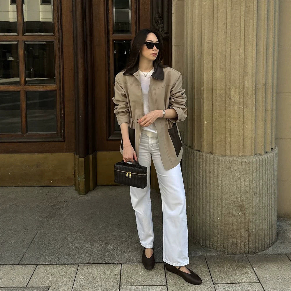 Damen Boxy-Fieldjacke mit kontrastkragen in Lederoptik und aufgesetzten Taschen Nord Taschen