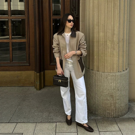 Damen Boxy-Fieldjacke mit kontrastkragen in Lederoptik und aufgesetzten Taschen Nord Taschen