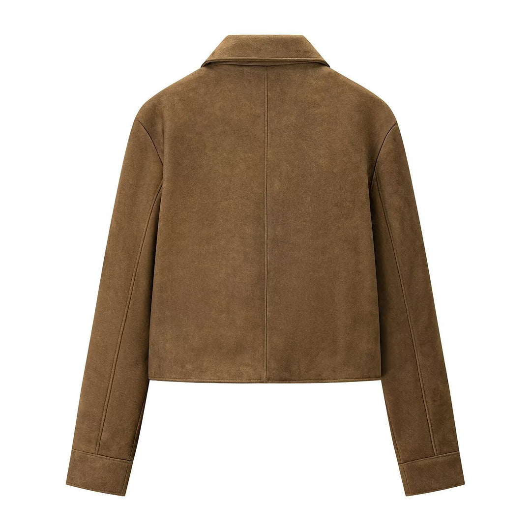 Damen kurz geschnittene Veloursleder‑Optik Jacke mit Hemdkragen und Knopfleiste Nord Taschen