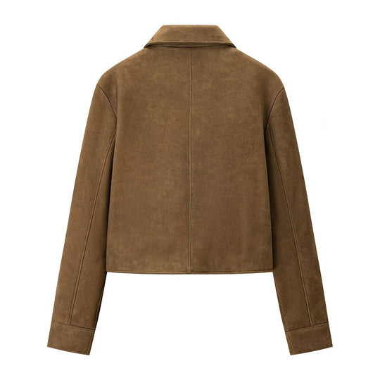 Damen kurz geschnittene Veloursleder‑Optik Jacke mit Hemdkragen und Knopfleiste Nord Taschen