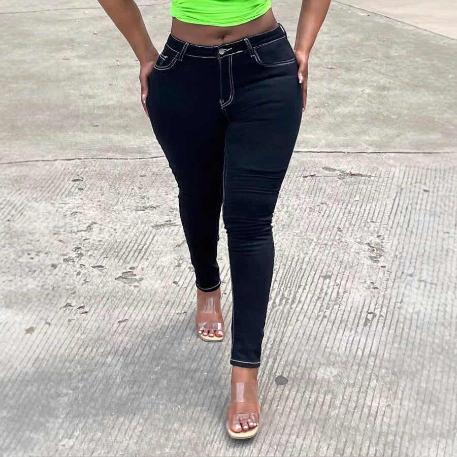 Damen High-Waist Skinny-Jeans mit Push-Up-Effekt und Kontrastnaht Nord Taschen