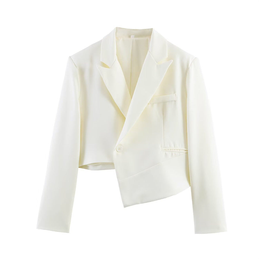 Damen Asymmetrischer Cropped-Blazer mit schräger Saumlinie und Reverskragen Nord Taschen