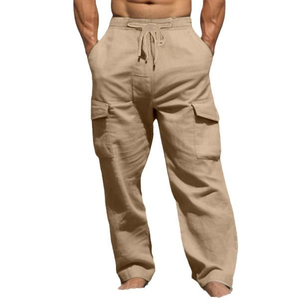 Herren weite Freizeit-Cargohose aus Leinenmix mit Tunnelzugbund, aufgesetzten Klappentaschen und entspanntem Strandfit Nord Taschen