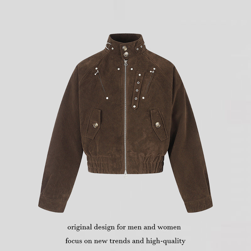 Damen kurze Wildleder‑Bomberjacke mit hohem Stehkragen und metallischen Details Nord Taschen