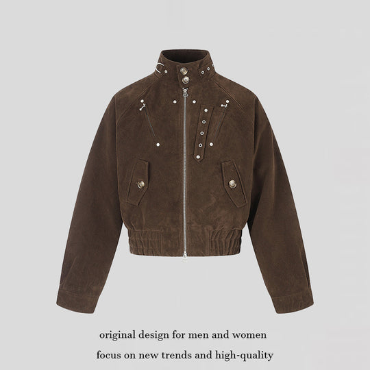 Damen kurze Wildleder‑Bomberjacke mit hohem Stehkragen und metallischen Details Nord Taschen