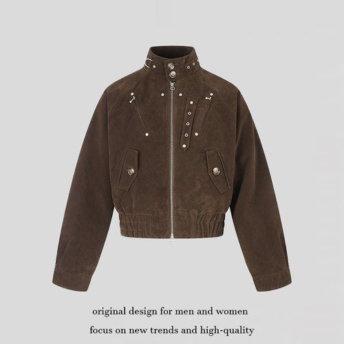 Damen kurze Wildleder‑Bomberjacke mit hohem Stehkragen und metallischen Details Nord Taschen