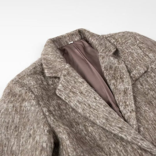 Damen Boxy Wollmix-Blazer-Mantel mit Bouclé‑Struktur, Reverskragen und Pattentaschen Nord Taschen