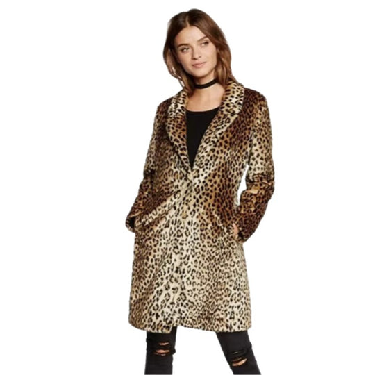Damen Midilanger Faux‑Fur‑Mantel im Leopardenprint mit Reverskragen und Eingrifftaschen Nord Taschen
