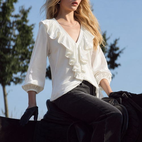 Damen schimmernde V-Neck Rüschenbluse mit Ballonärmeln und elastischen Bündchen Nord Taschen