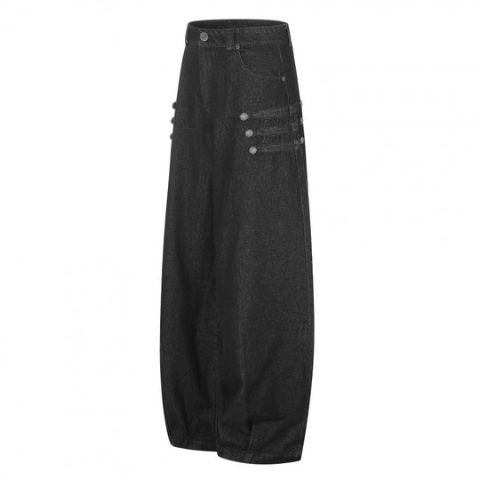 Damen Taillehohe Ballon-Jeanshose mit weitem Bein, Knopfdetail und elastischem Saum Nord Taschen