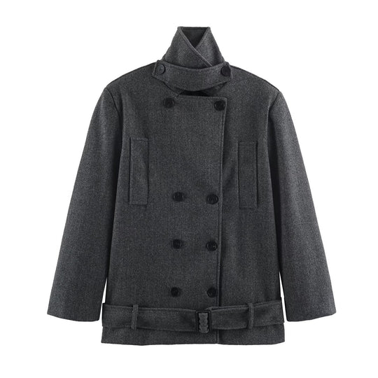 Damen Kurzer doppeltreihiger Wollmix‑Mantel mit Stehkragen und taillierendem Bindegürtel Nord Taschen