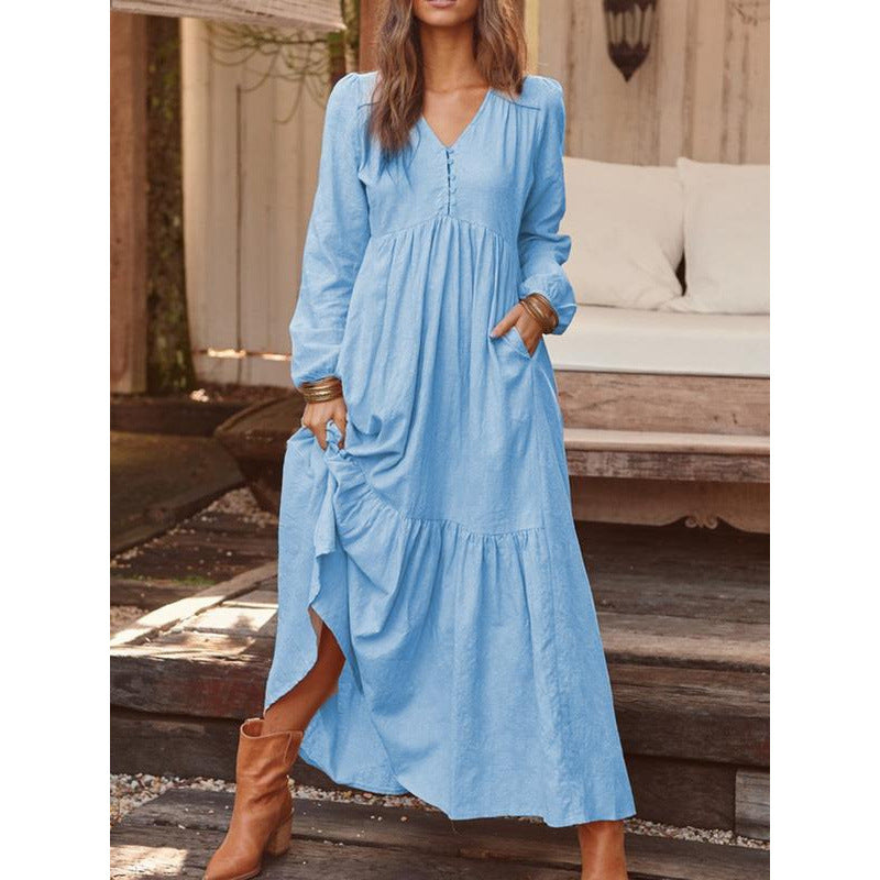 Damen Langes Stufenkleid aus Leinenmix mit V-Ausschnitt und Eingrifftaschen Nord Taschen