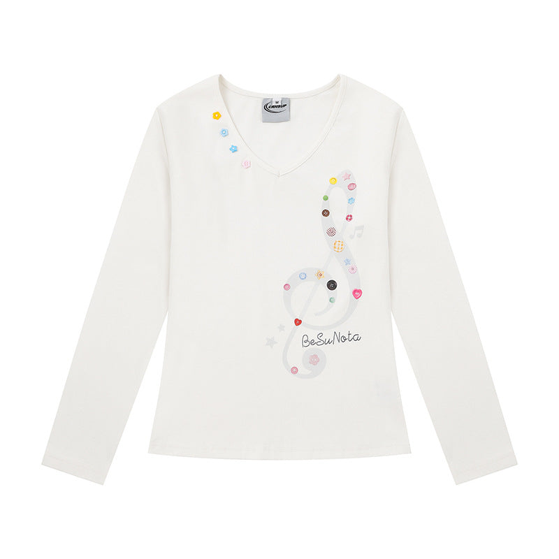 Damen Langarmshirt mit V-Ausschnitt und Notenschlüssel-Applikationen Nord Taschen