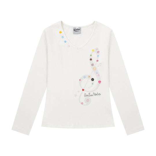 Damen Langarmshirt mit V-Ausschnitt und Notenschlüssel-Applikationen Nord Taschen
