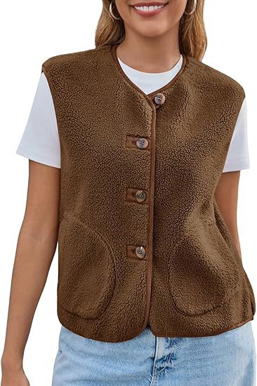 Damen Teddy-Fleece-Weste mit Rundhalsausschnitt und Knopfverschluss Nord Taschen