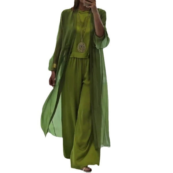 Damen nan eleganter Chiffon-Zweiteiler mit weiter geschnittener Palazzohose und langem Kimono-Überwurf