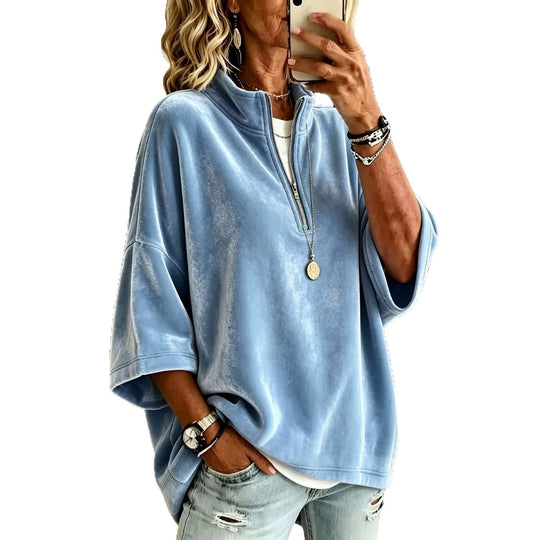Damen Oversize Samt-Pullover mit kurzem Reißverschluss und Stehkragen Nord Taschen