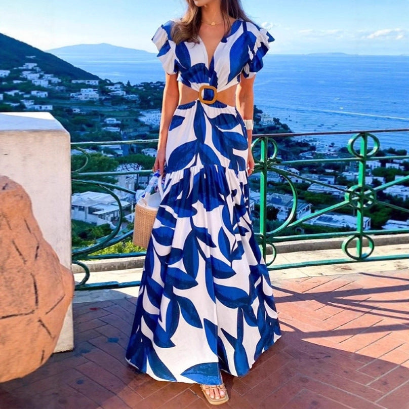 Damen Maxi-Kleid mit raffinierten Cut-Out-Details und voluminösen Rüschen Nord Taschen
