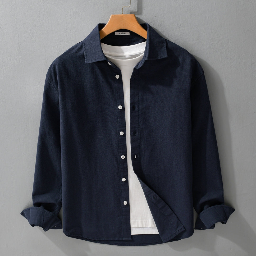 Herren Leichtes Leinen-Baumwoll-Overshirt mit Kentkragen, Relaxed‑Fit und durchgehender Knopfleiste Nord Taschen
