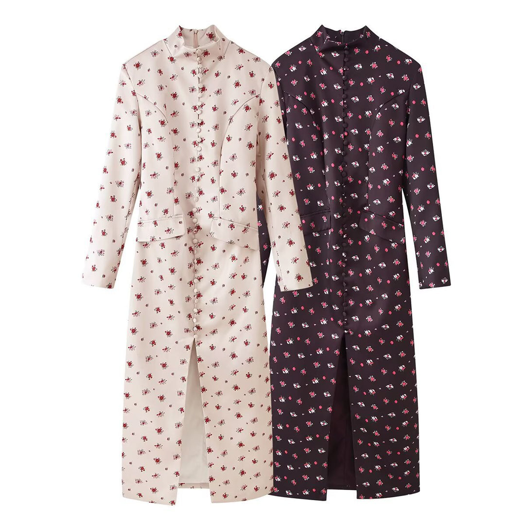Damen Midikleid mit Stehkragen, floraler Allover‑Print und verdeckter Knopfleiste Nord Taschen