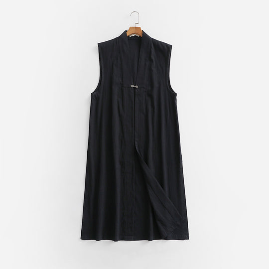 Damen Langer ärmelloser Kimono-Weste aus Leinenmix mit schmaler Schalkante und dekorativem Knebelverschluss Nord Taschen