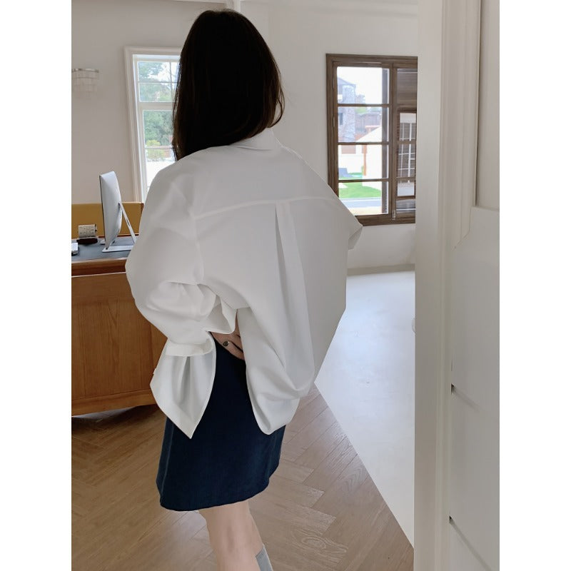 Damen Oversized Hemdbluse aus fließendem Material mit Brusttasche Nord Taschen