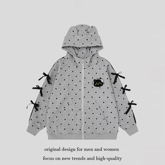 Damen Kapuzen‑Sweatjacke mit Punkte‑Allover, Katzen‑Patch, Schleifenärmeln und Ohrenkapuze Nord Taschen