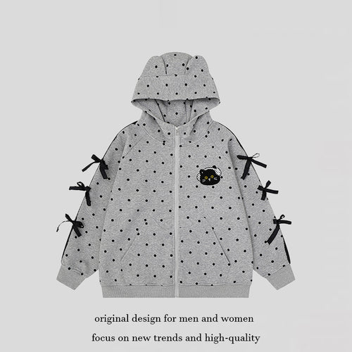 Damen Kapuzen‑Sweatjacke mit Punkte‑Allover, Katzen‑Patch, Schleifenärmeln und Ohrenkapuze Nord Taschen