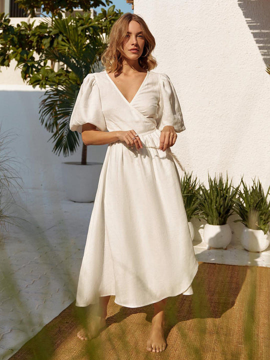 Damen Lässiges Leinenkleid mit Ballonärmeln und Tailliertem Gürtel