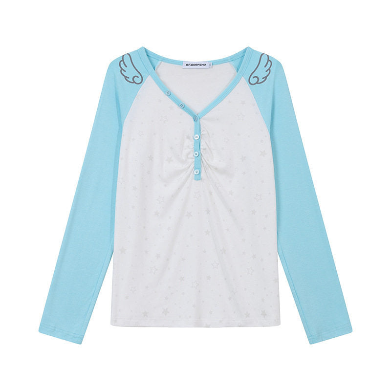 Damen Langarm-Henleyshirt mit Raglanärmeln, Raffung und Sternenprint Nord Taschen