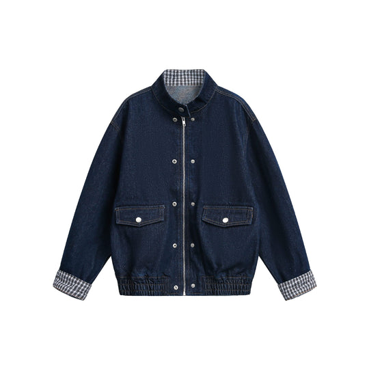 Damen Oversize-Denimjacke mit Stehkragen und Karo-Futter Nord Taschen