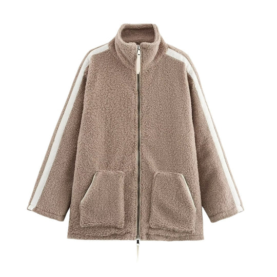 Damen Teddy-Fleece-Jacke mit Stehkragen, Reißverschluss und Kontraststreifen Nord Taschen