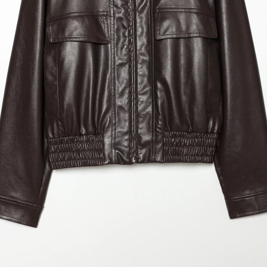 Damen Cropped Bomberjacke aus Lederimitat mit Hemdkragen und gerafftem Bund Nord Taschen