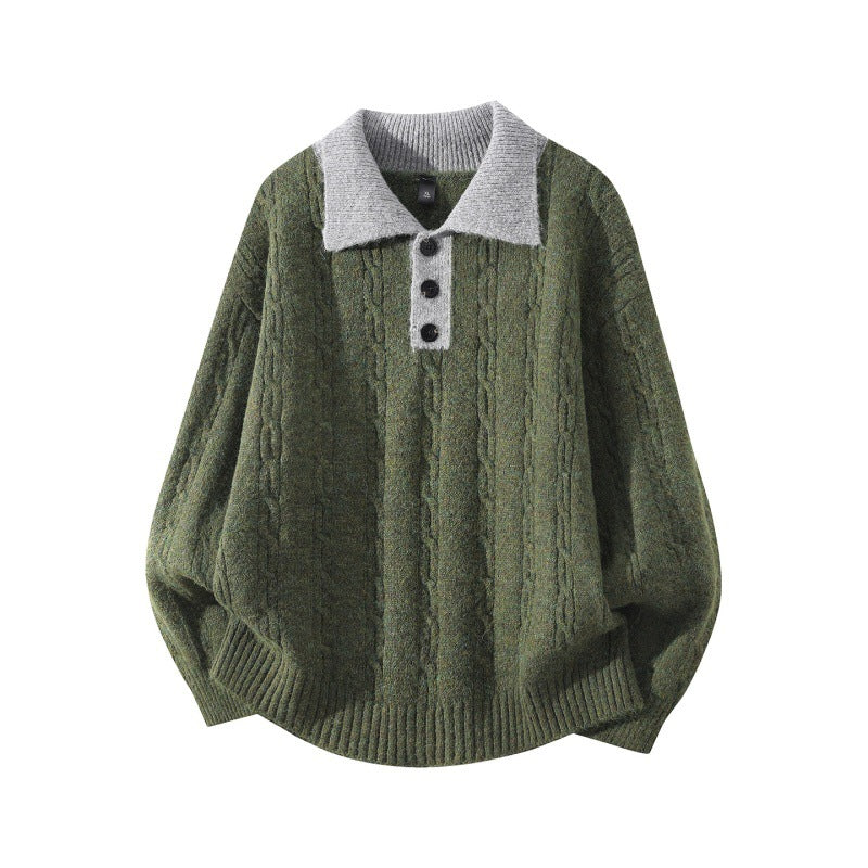 Herren Oversize Zopfmuster-Polo-Strickpullover mit Kontrastkragen und Dreiknopfleiste Nord Taschen