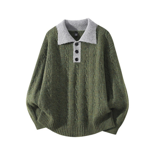 Herren Oversize Zopfmuster-Polo-Strickpullover mit Kontrastkragen und Dreiknopfleiste Nord Taschen