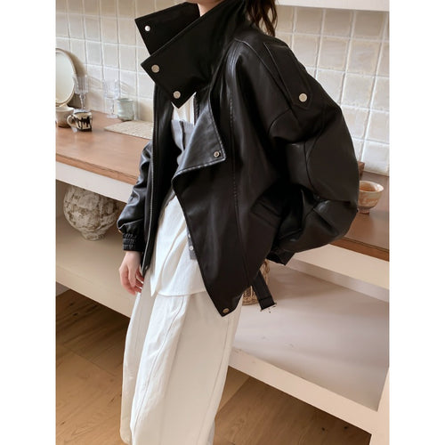 Damen Oversize Bikerjacke aus veganem Leder mit hohem Stehkragen und dekorativen Druckknöpfen Nord Taschen