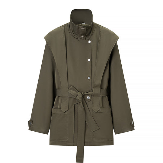 Damen Taillierte Übergangsjacke mit Stehkragen, Schultercape und Bindegürtel Nord Taschen