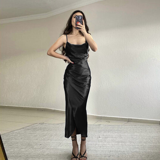 Damen modernes Satin-Midi-Kleid mit elegantem Wasserfallausschnitt und seitlichem Schlitz