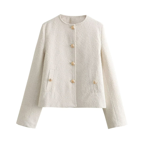 Damen Boxy-Boucléjacke mit Rundhalsausschnitt, Zierknopfleiste und Pattentaschen Nord Taschen