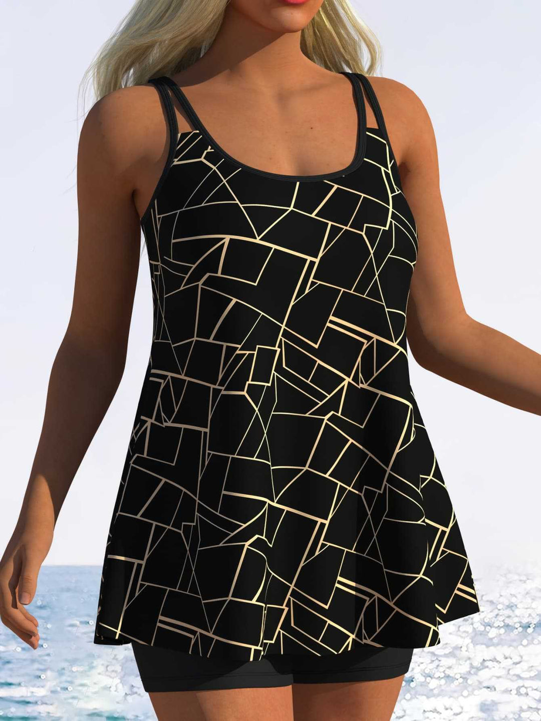 Damen Tankini mit verspieltem Streifenmuster und originellem Schnitt