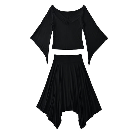 Damen Zweiteiliges Set aus drapiertem Top mit Fledermausärmeln und asymmetrischem Tellerrock Nord Taschen