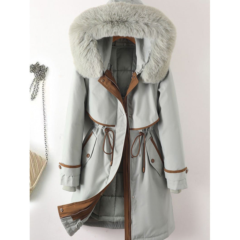 Damen nan langer Parka mit Kunstfellkapuze Taillenzug und kontrastierten Paspeln Nord Taschen