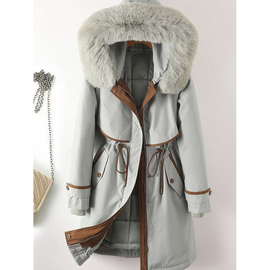 Damen nan langer Parka mit Kunstfellkapuze Taillenzug und kontrastierten Paspeln Nord Taschen
