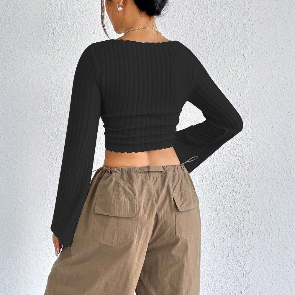 Damen geripptes Crop-Top mit quadratischem Ausschnitt, gewelltem Saum und ausgestellten Ärmeln Nord Taschen