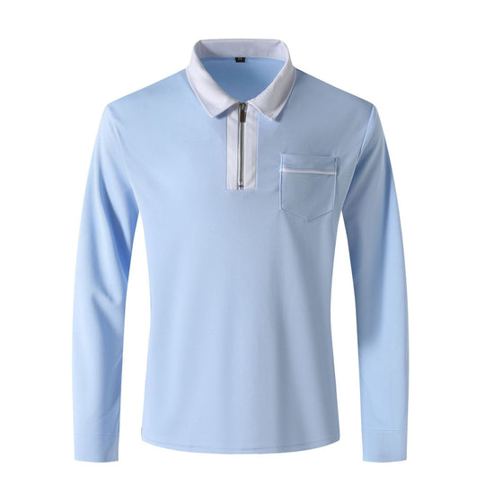 Herren nan elegantes Langarm-Poloshirt mit markantem Stehkragen Metall-Kurzreißverschluss und Brustleistentasche